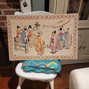 Vintage Asian-Inspired Fiber Art with Elegant Figures